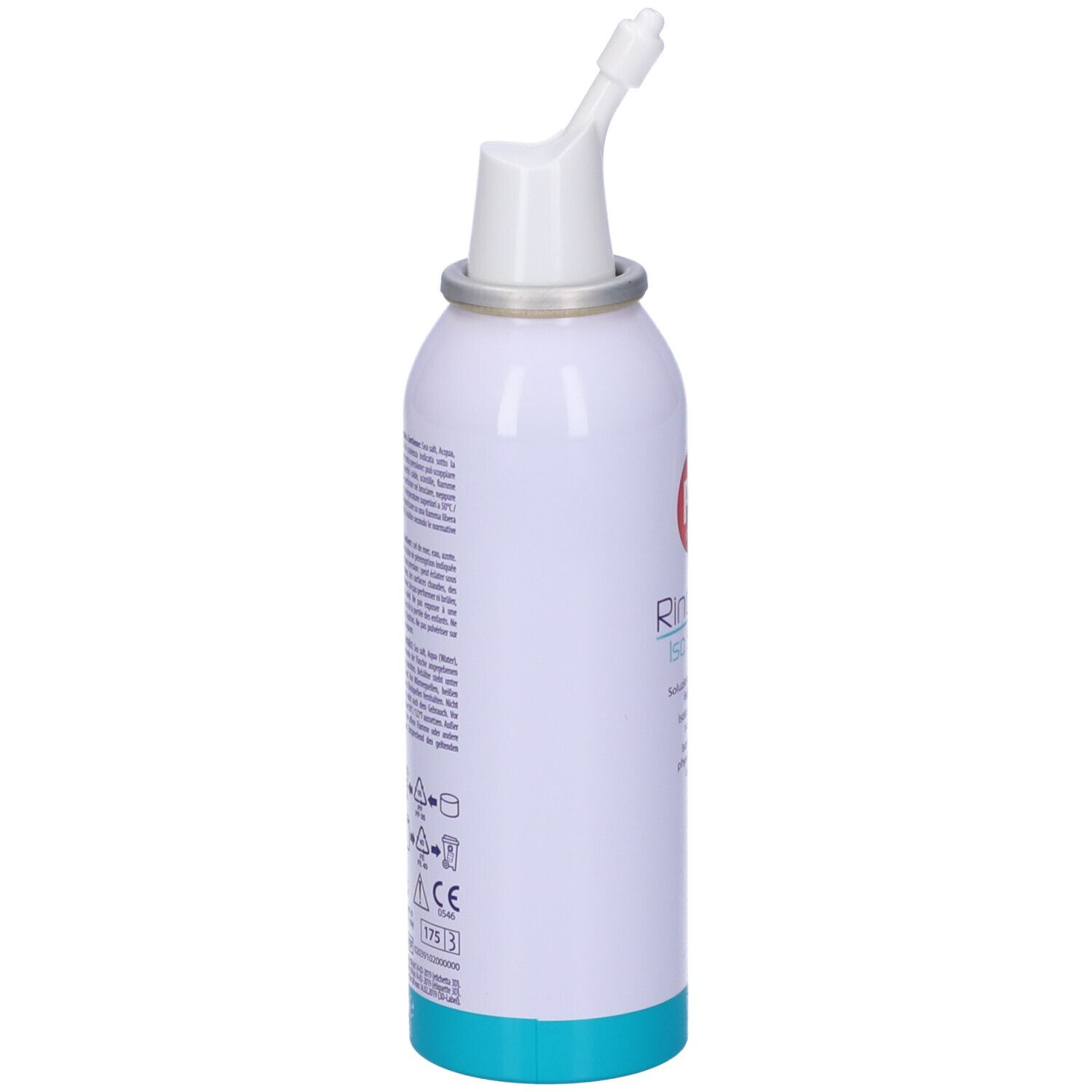 Flacone spray bianco con base blu ed erogatore bianco. Retro con testo e simboli. Marchio CE.