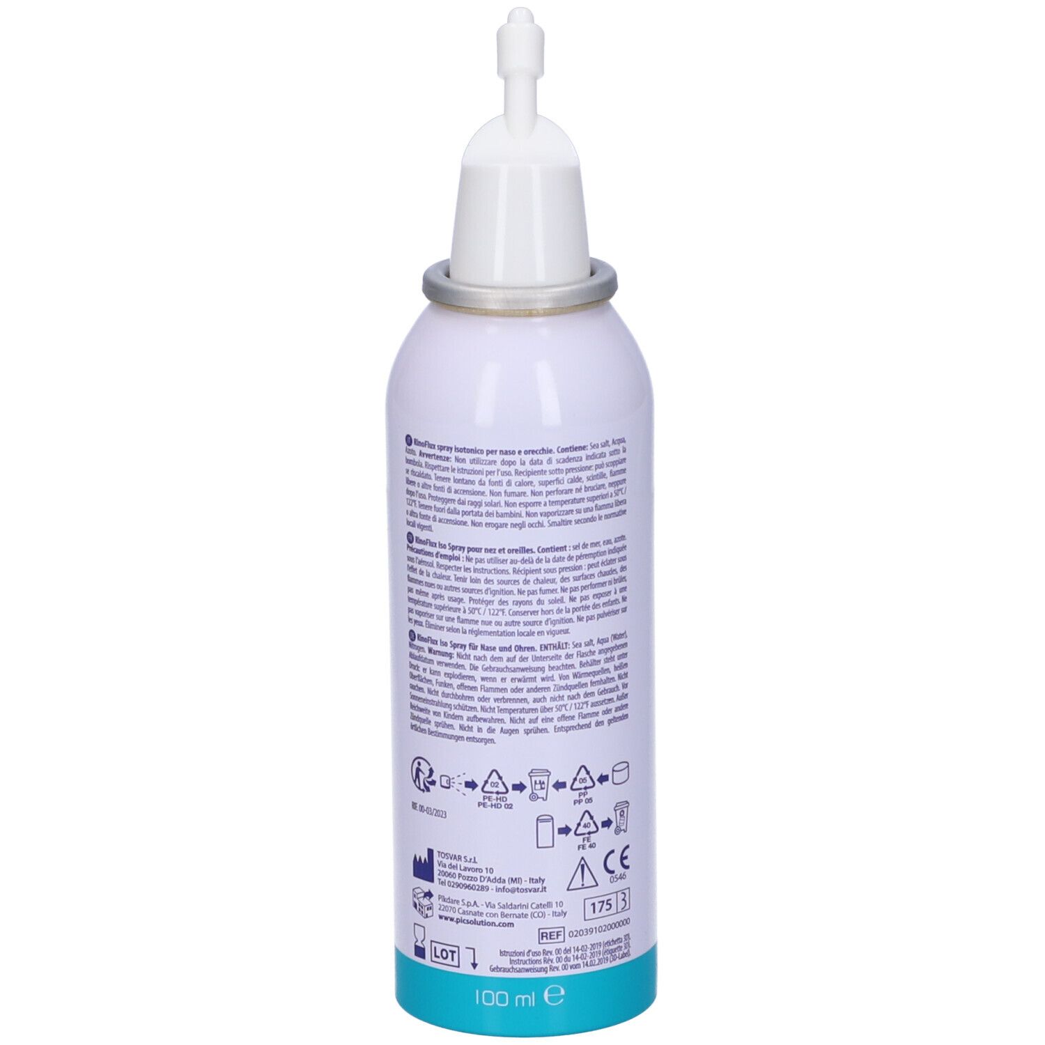 Flacone spray bianco con base blu ed erogatore bianco. Retro con testo, simboli e marchio CE. 100 ml.