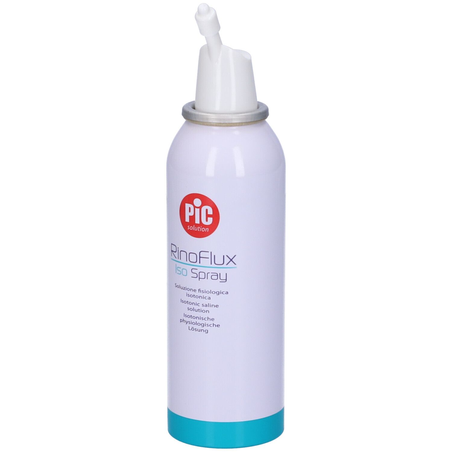 Flacone spray bianco con base blu ed erogatore bianco. Cerchio rosso con logo PIC. Scritta: RinoFlux Iso Spray.
