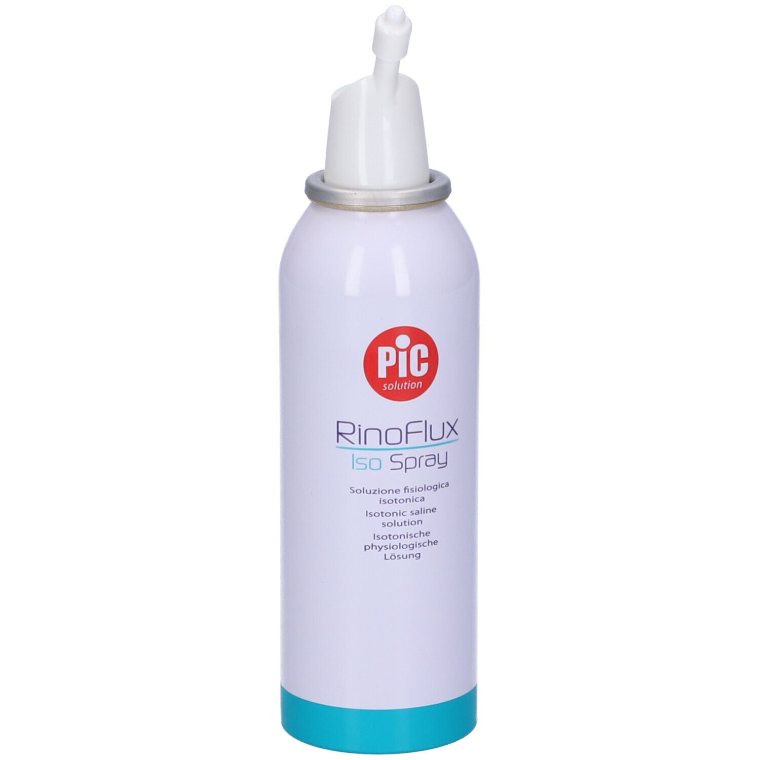 Flacone spray bianco con base blu ed erogatore bianco. Cerchio rosso con logo PIC. Scritta: RinoFlux Iso Spray.