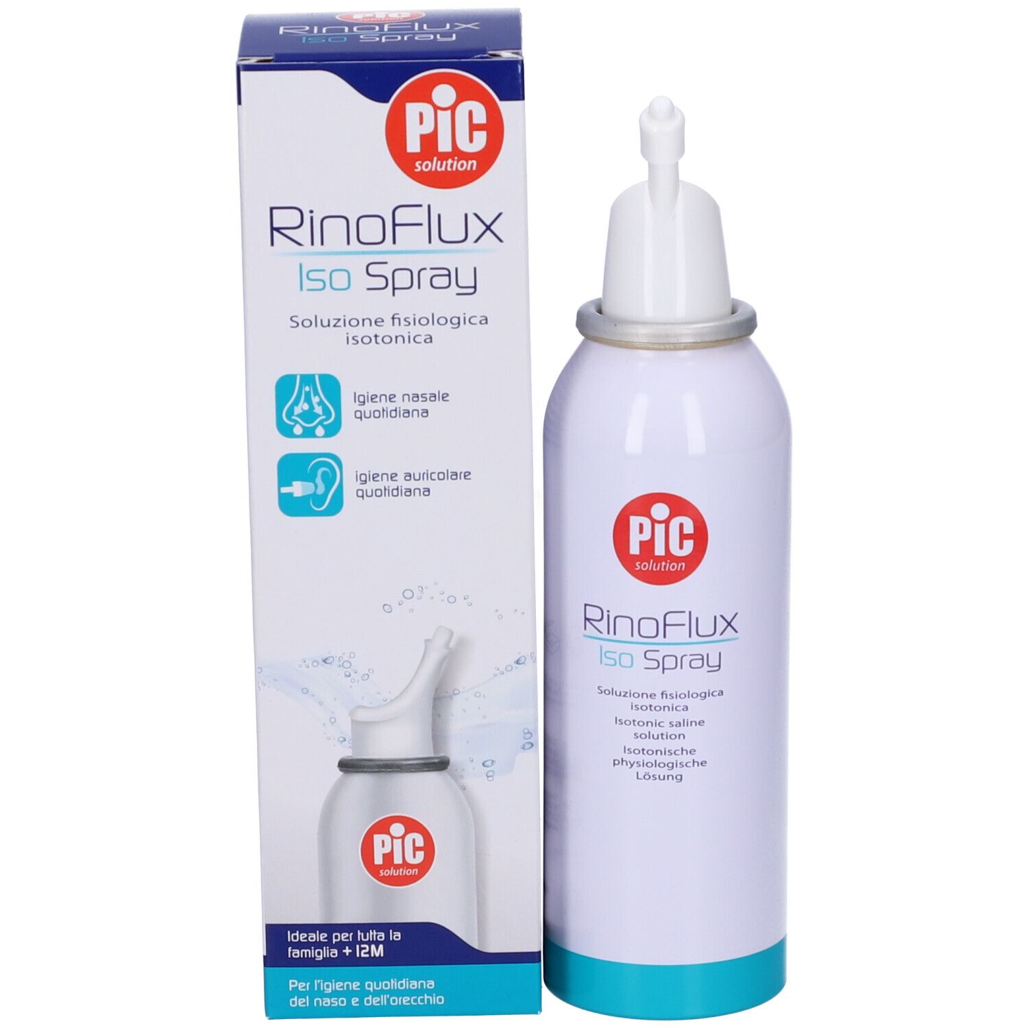 Confezione del prodotto con flacone spray. Scatola bianca con logo PIC e nome del prodotto. Simboli naso e orecchie.
