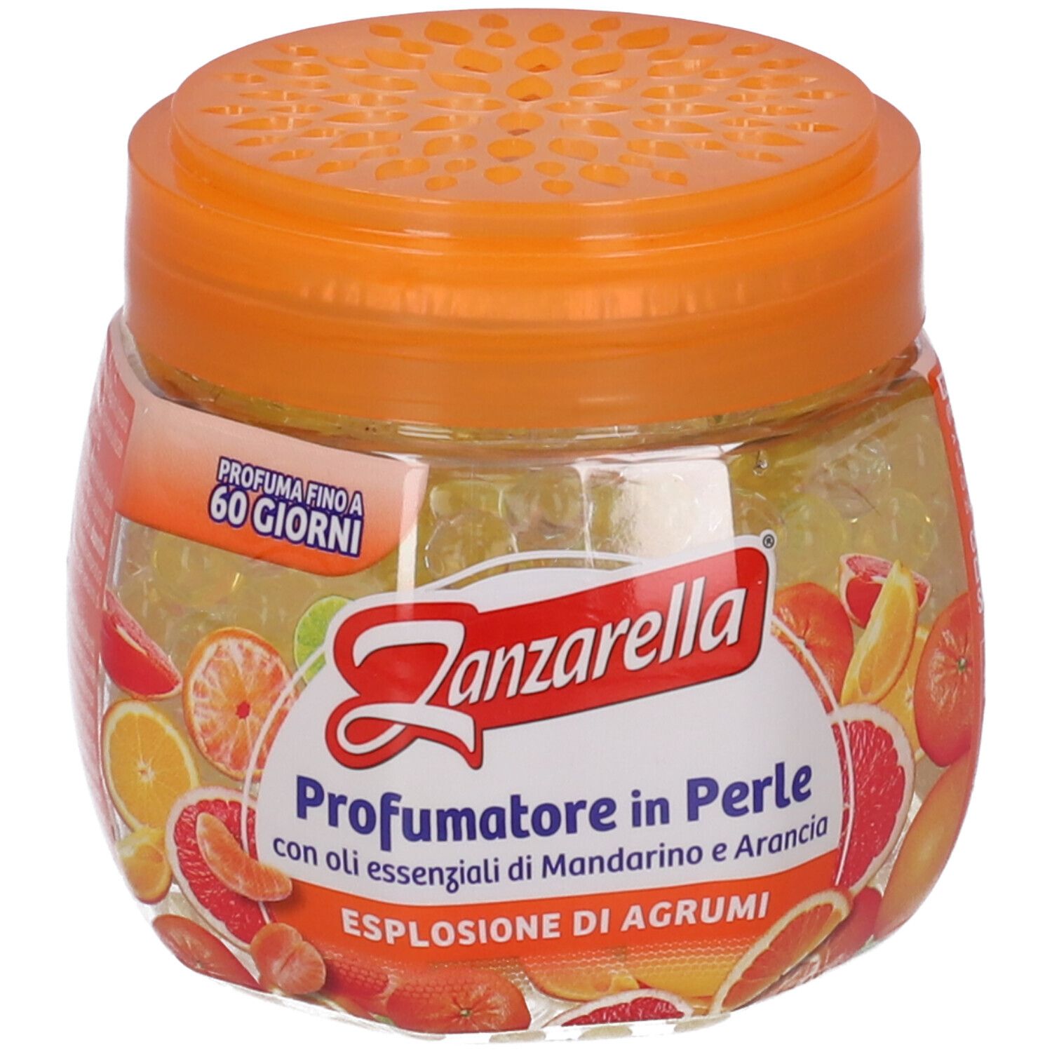 Behälter mit orangefarbenem Deckel und Perlen. Aufschrift: Zanzarella, Profumatore in Perle, Explosion von Zitrusfrüchten.