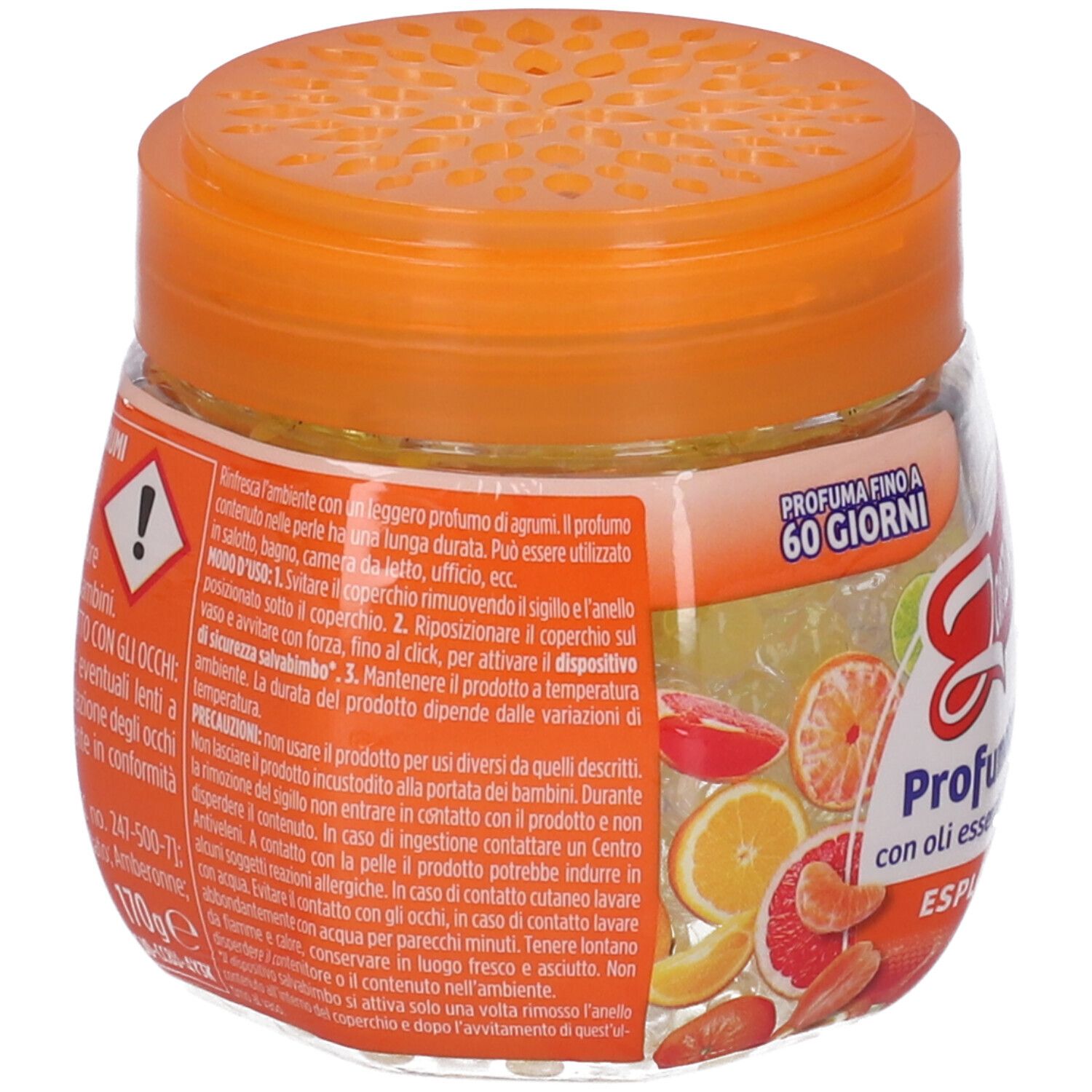 Behälter mit orangefarbenem Deckel. Aufschrift: Zanzarella, Profumatore in Perle. Warnhinweise und Informationen auf dem Etikett.