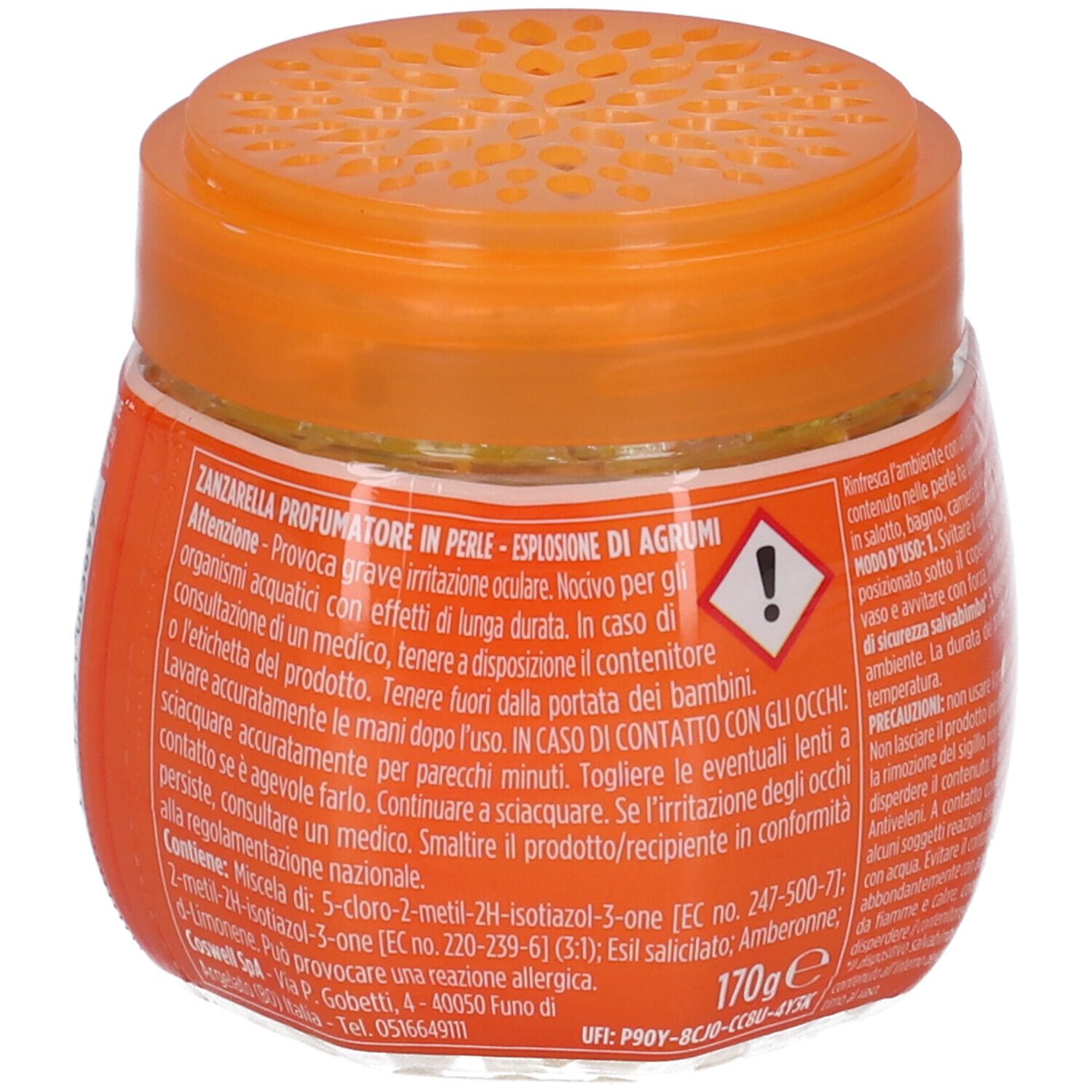 Behälter mit orangefarbenem Deckel. Aufschrift: Zanzarella, Profumatore in Perle. Warnhinweise und Inhaltsstoffe auf dem Etikett.