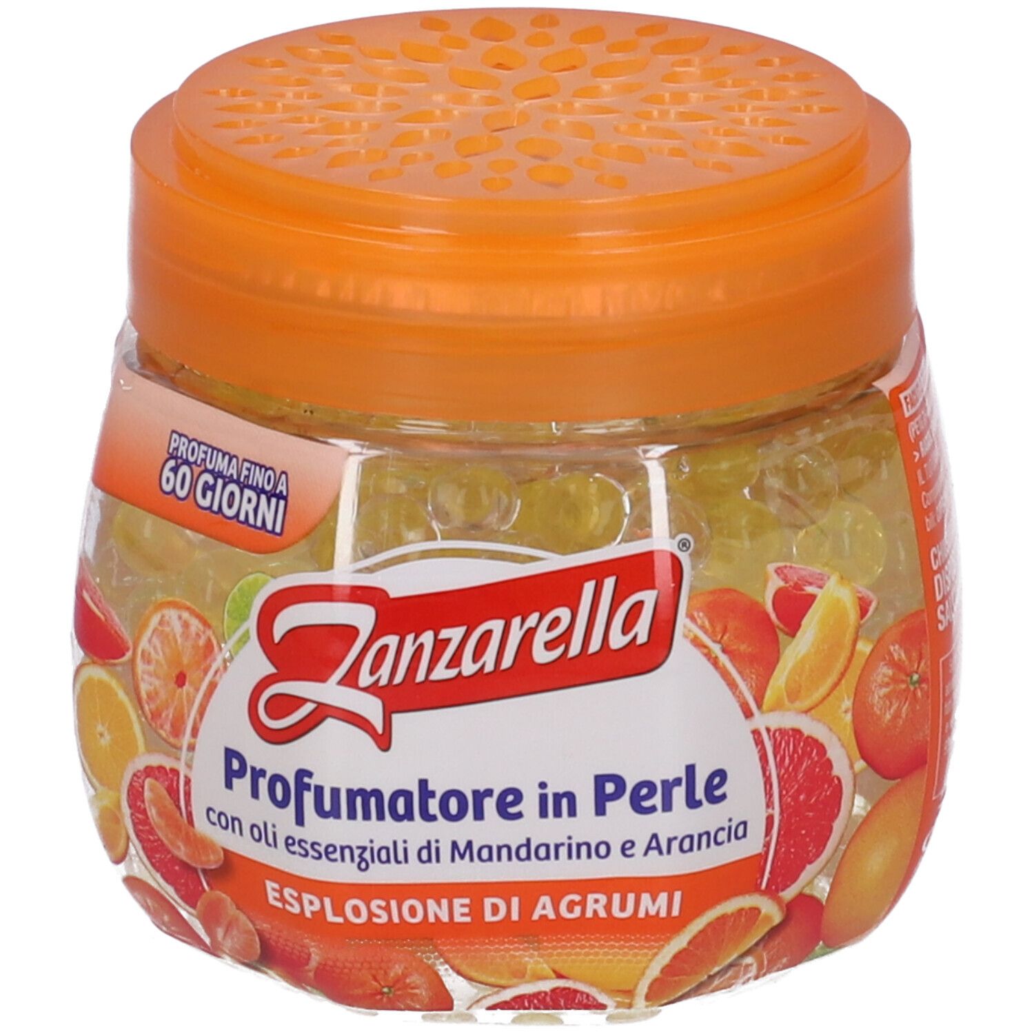 Behälter mit orangefarbenem Deckel. Aufschrift: Zanzarella, Profumatore in Perle, Explosion von Zitrusfrüchten. Mit Sicherheitsverschluss.