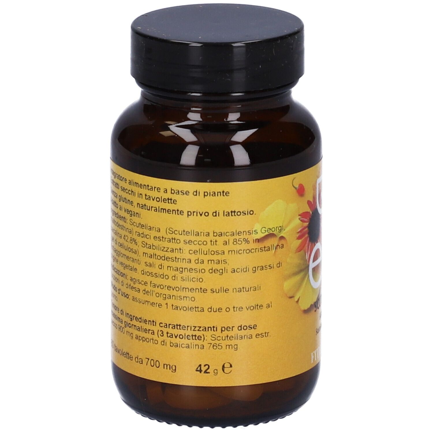 Flacone marrone con tappo nero. Etichetta gialla con testo. 'Integratore alimentare a base di piante'.