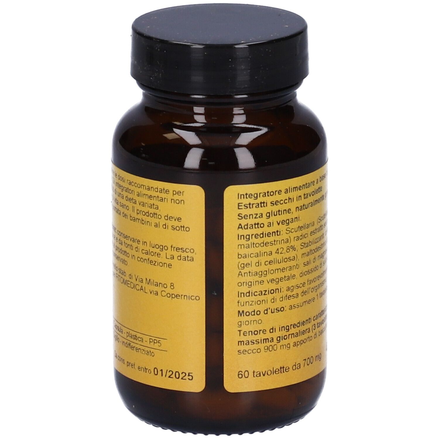 Flacone marrone con tappo nero. Etichetta gialla con testo. '60 tavolette da 700 mg'.