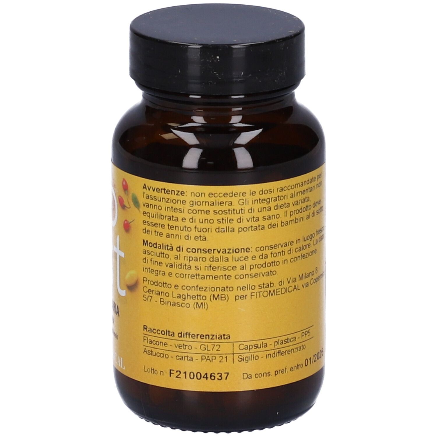 Flacone marrone con tappo nero. Etichetta gialla con testo. 'Da cons. pref. entro 01/2025'.