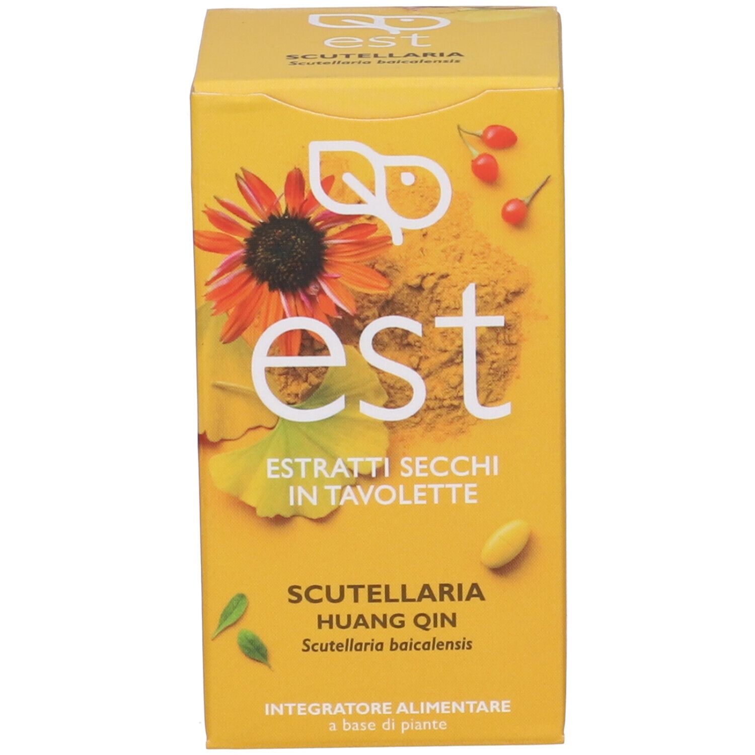 Scatola gialla con scritta 'est' e 'Estratti secchi in Tavolette'.