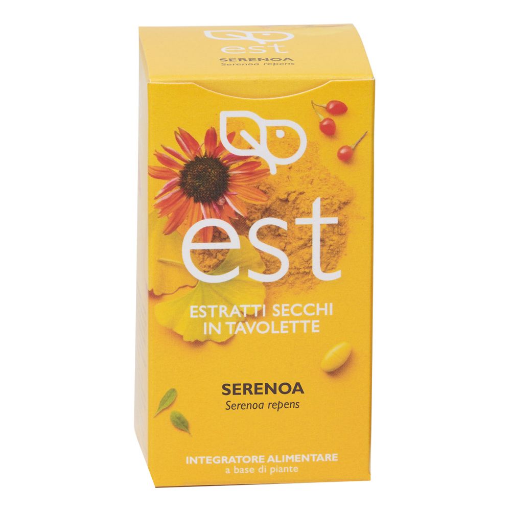 Confezione gialla con illustrazioni floreali e testo. Scritte: "est", "SERENOA", "Integratore Alimentare".