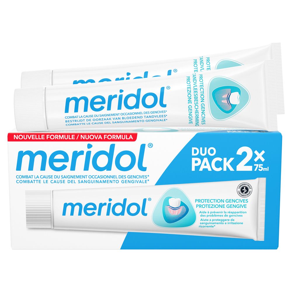 Zahnpasta-Tuben und -Verpackung. Duo-Pack mit zwei Tuben. Aufschrift: meridol® und Produktinformationen.