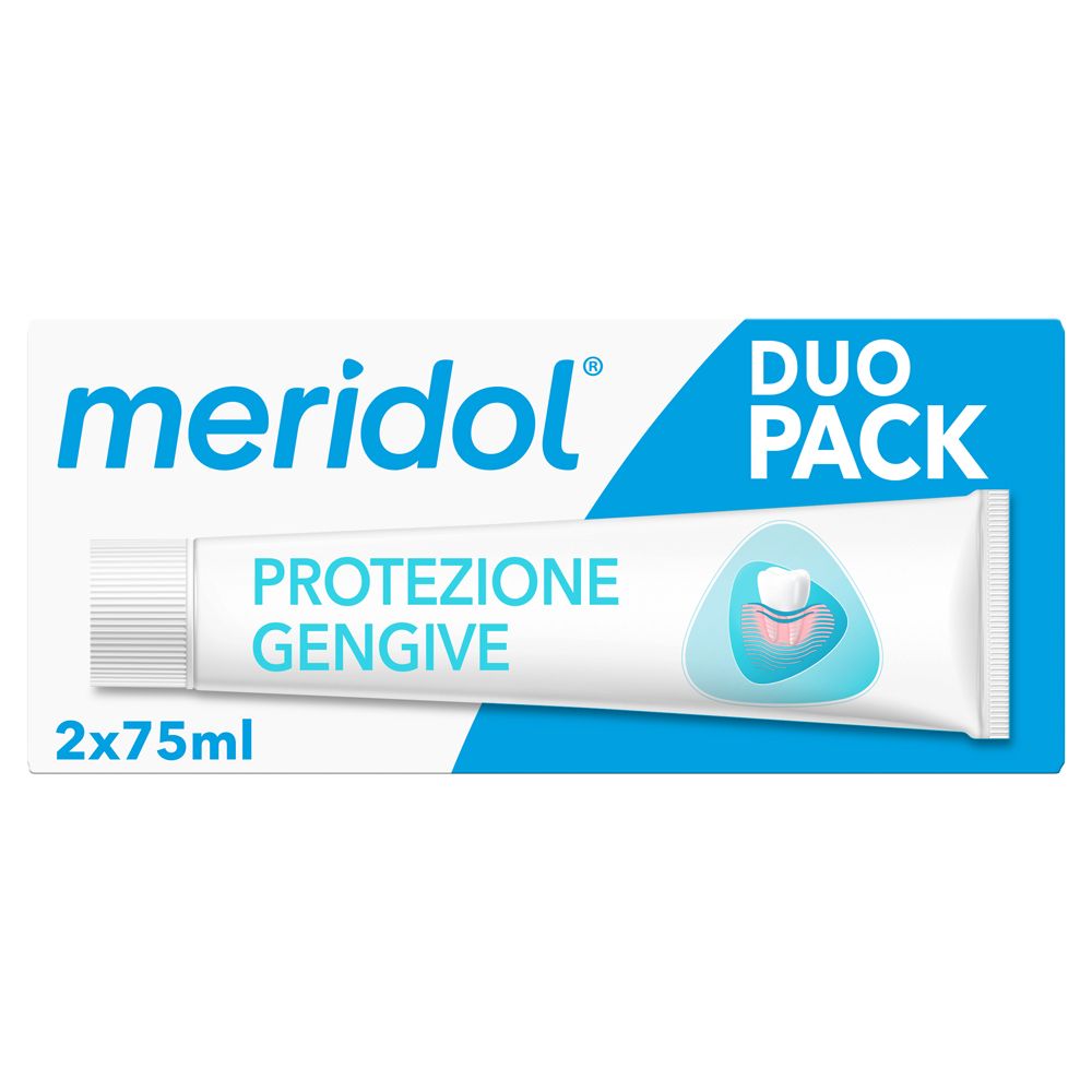 Zahnpasta-Verpackung. Duo-Pack mit zwei Tuben. Aufschrift: meridol®, Protezione Gengive und 2x75ml.