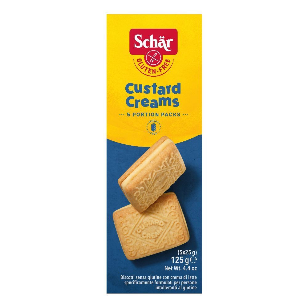 Confezione di Schär Custard Creams senza glutine. Confezione gialla e blu con immagine del prodotto. Due biscotti, uno aperto.