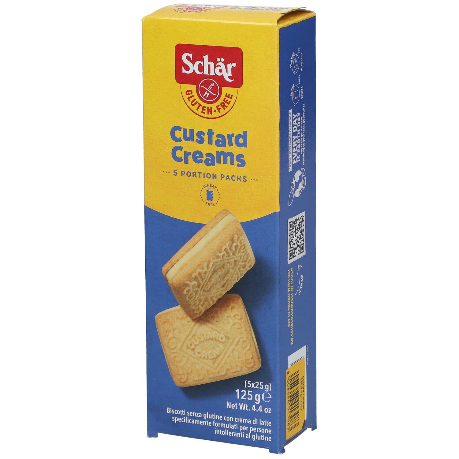 Confezione di Schär Custard Creams senza glutine. Confezione gialla e blu con immagine del prodotto. Confezione verticale.