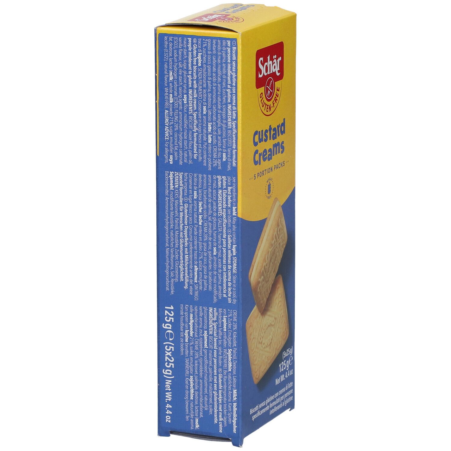 Confezione di Schär Custard Creams senza glutine. Confezione gialla e blu con immagine del prodotto. Vista laterale della confezione.