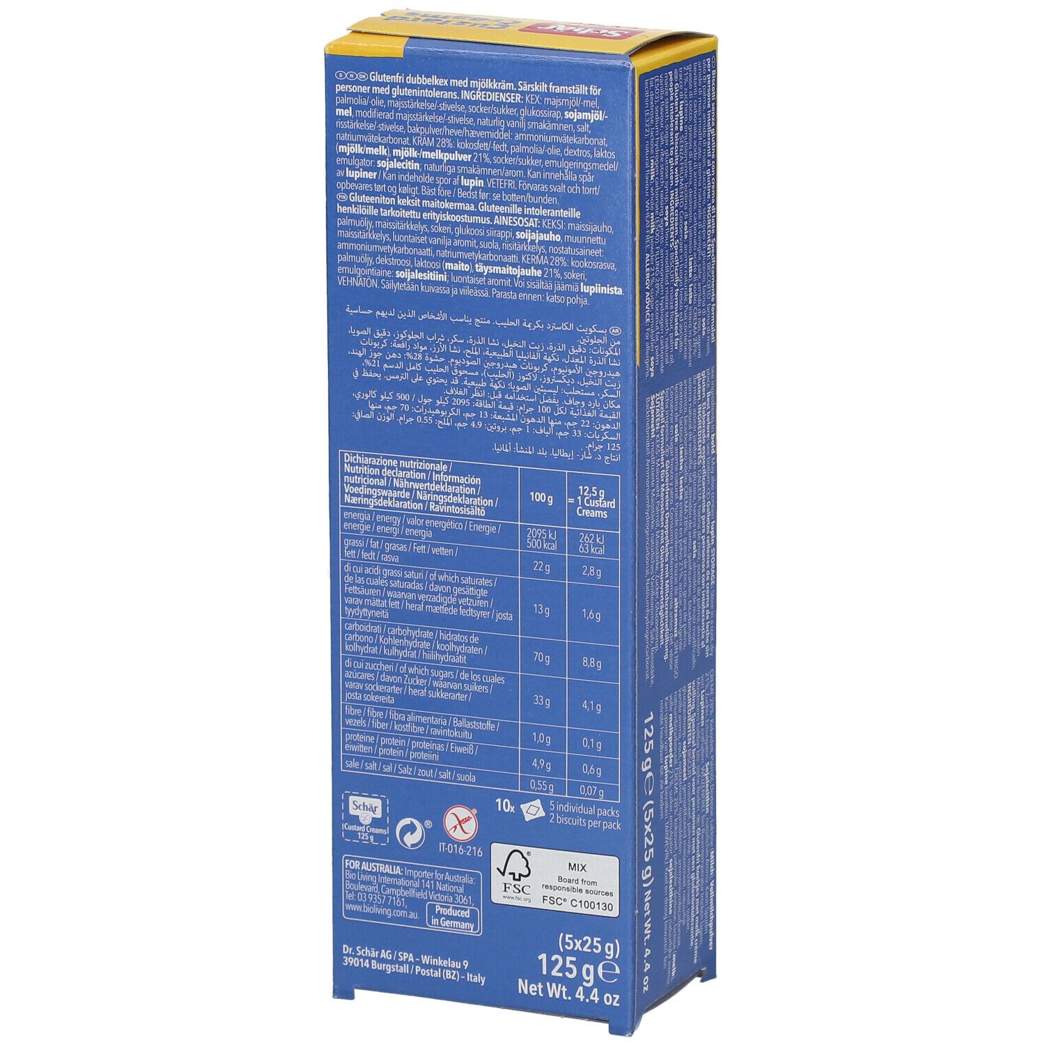 Confezione di Schär Custard Creams senza glutine. Confezione gialla e blu con informazioni nutrizionali. Dettaglio della confezione.