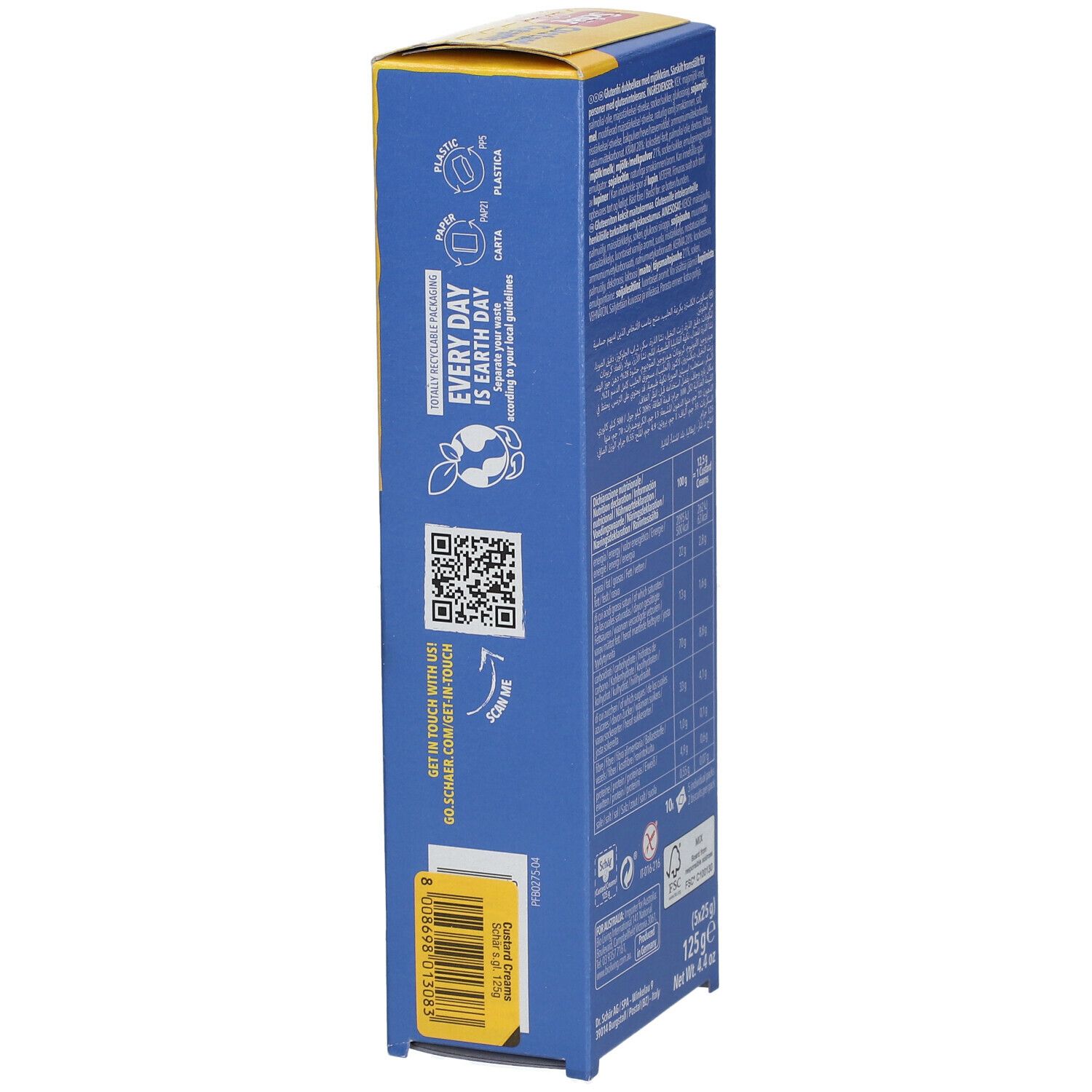 Confezione di Schär Custard Creams senza glutine. Confezione gialla e blu con codice QR e testo. Dettaglio della confezione.