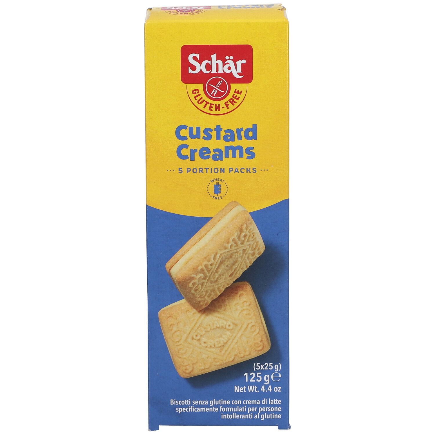 Confezione di Schär Custard Creams senza glutine. Confezione gialla e blu con immagine del prodotto. Due biscotti, uno aperto.