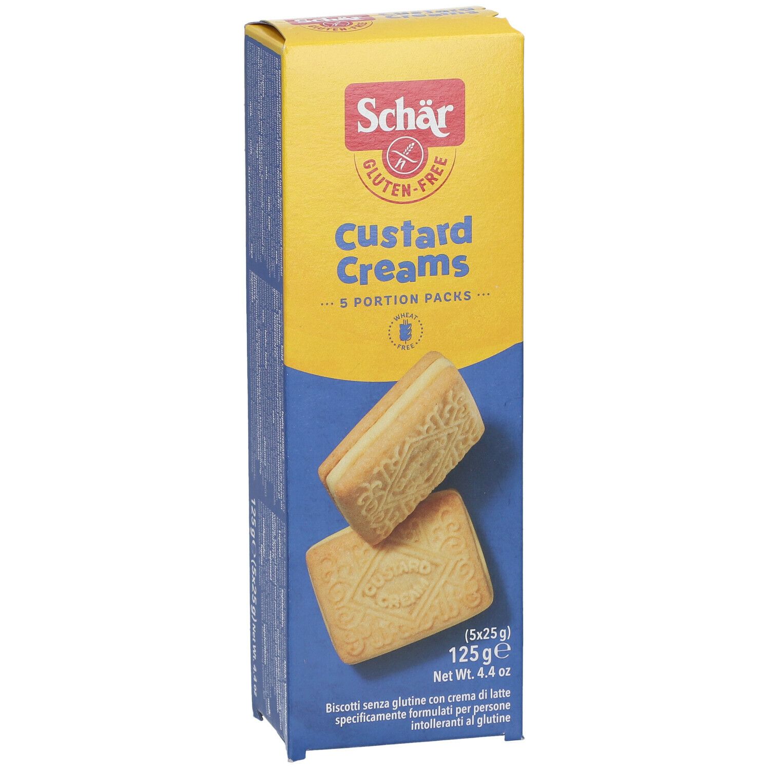 Confezione di Schär Custard Creams senza glutine. Confezione gialla e blu con immagine del prodotto. Due biscotti, uno aperto.