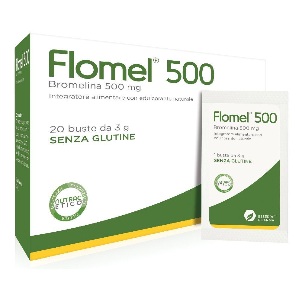 Confezione di Flomel 500, 20 bustine. Una bustina accanto. Confezione verde e bianca. Testo: Bromelina 500 mg, senza glutine.