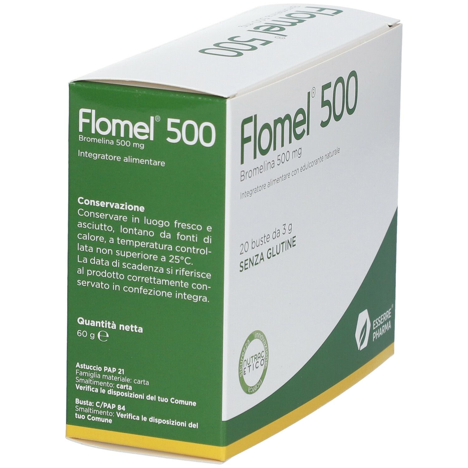 Scatola Flomel 500, in diagonale. Testo: Bromelina 500 mg, 20 bustine, senza glutine. Confezione verde e bianca. Logo ESSERRE PHARMA.