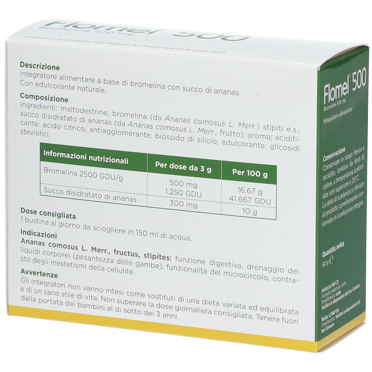 Scatola Flomel 500, in diagonale. Testo: Bromelina 500 mg, 20 bustine, senza glutine. Retro con testo. Confezione verde e bianca.