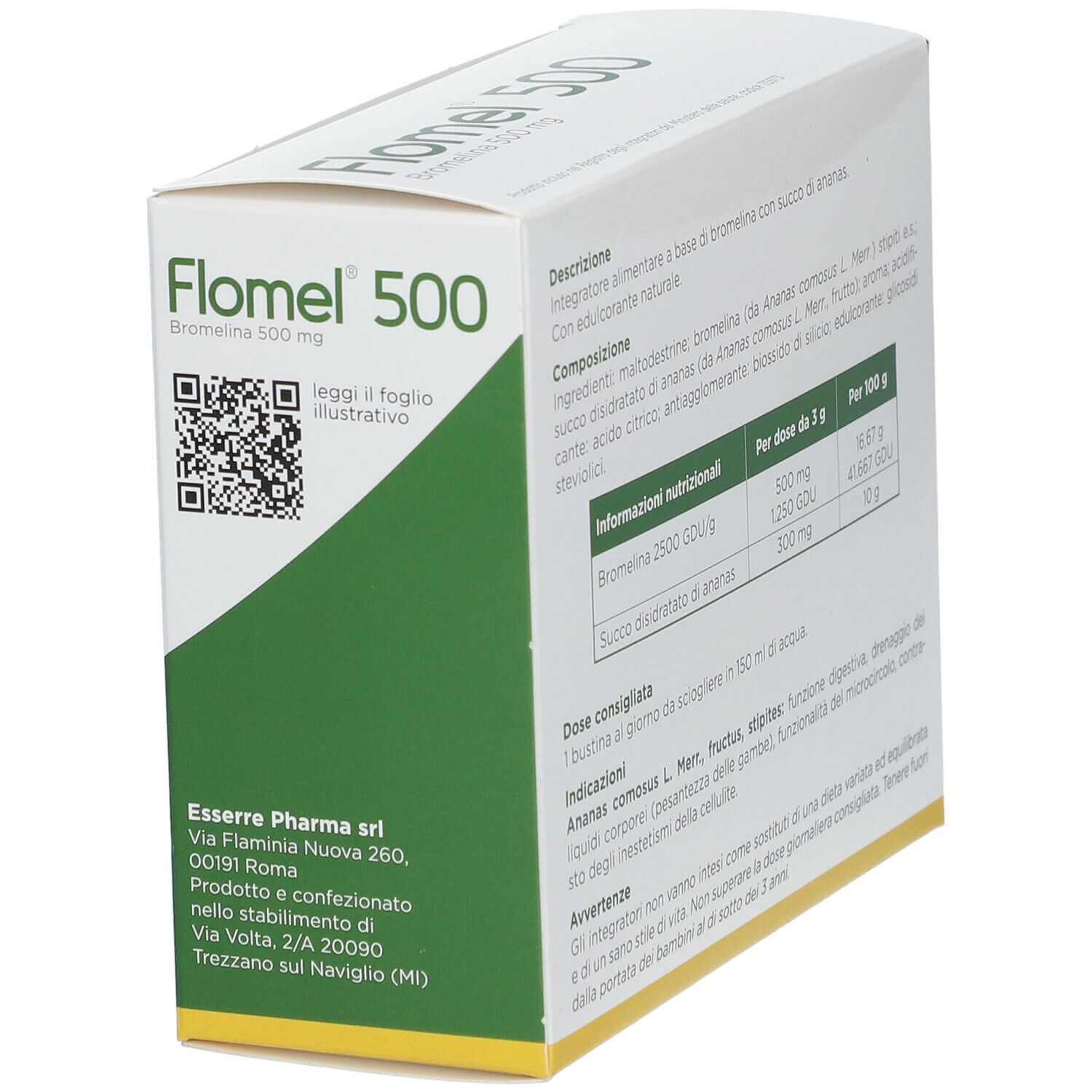 Scatola Flomel 500, in diagonale. Testo: Bromelina 500 mg, 20 bustine, senza glutine. Retro con testo e QR code. Verde e bianco.