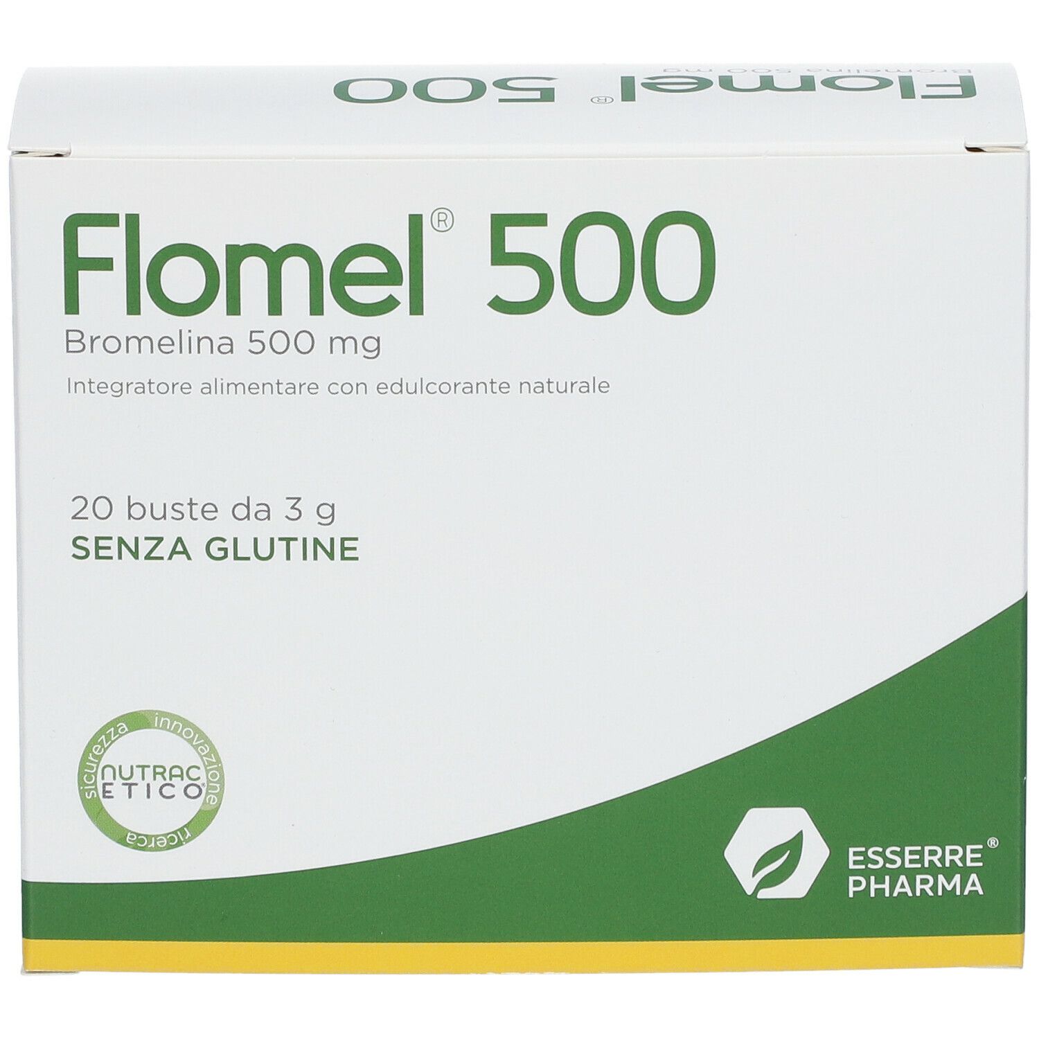 Scatola Flomel 500. Testo: Bromelina 500 mg, 20 bustine, senza glutine. Confezione verde e bianca. Logo Nutrac Etico.