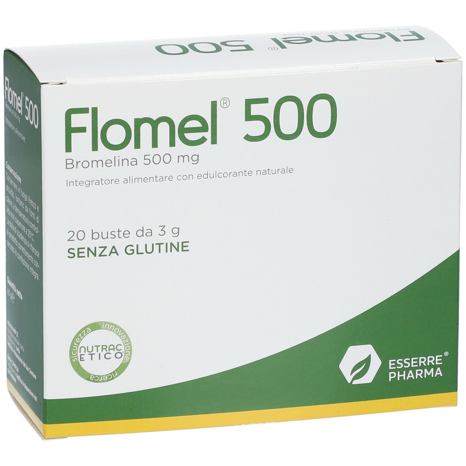 Scatola Flomel 500. Testo: Bromelina 500 mg, 20 bustine, senza glutine. Confezione verde e bianca. Logo ESSERRE PHARMA.