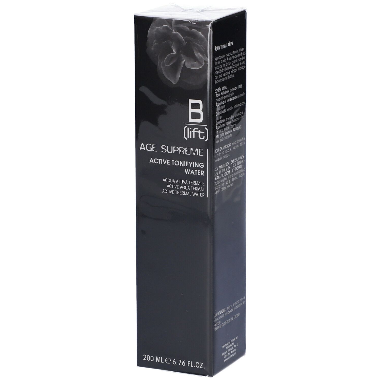 Confezione nera con nome e logo del prodotto. Scritta: Active Tonifying Water. In basso: 200 ml.