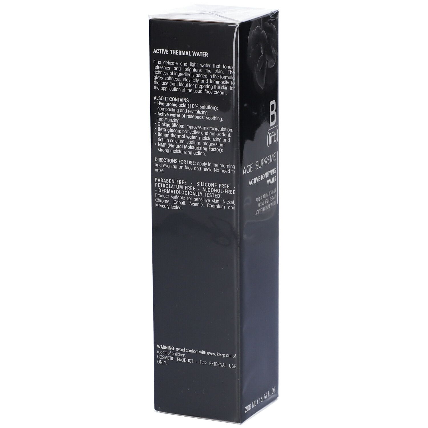 Confezione nera con testo. Contiene informazioni sugli ingredienti e l'uso. In basso: 200 ml.