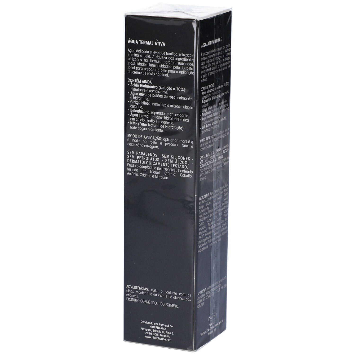 Confezione nera con testo. Contiene informazioni sugli ingredienti e l'uso. In basso: 200 ml.