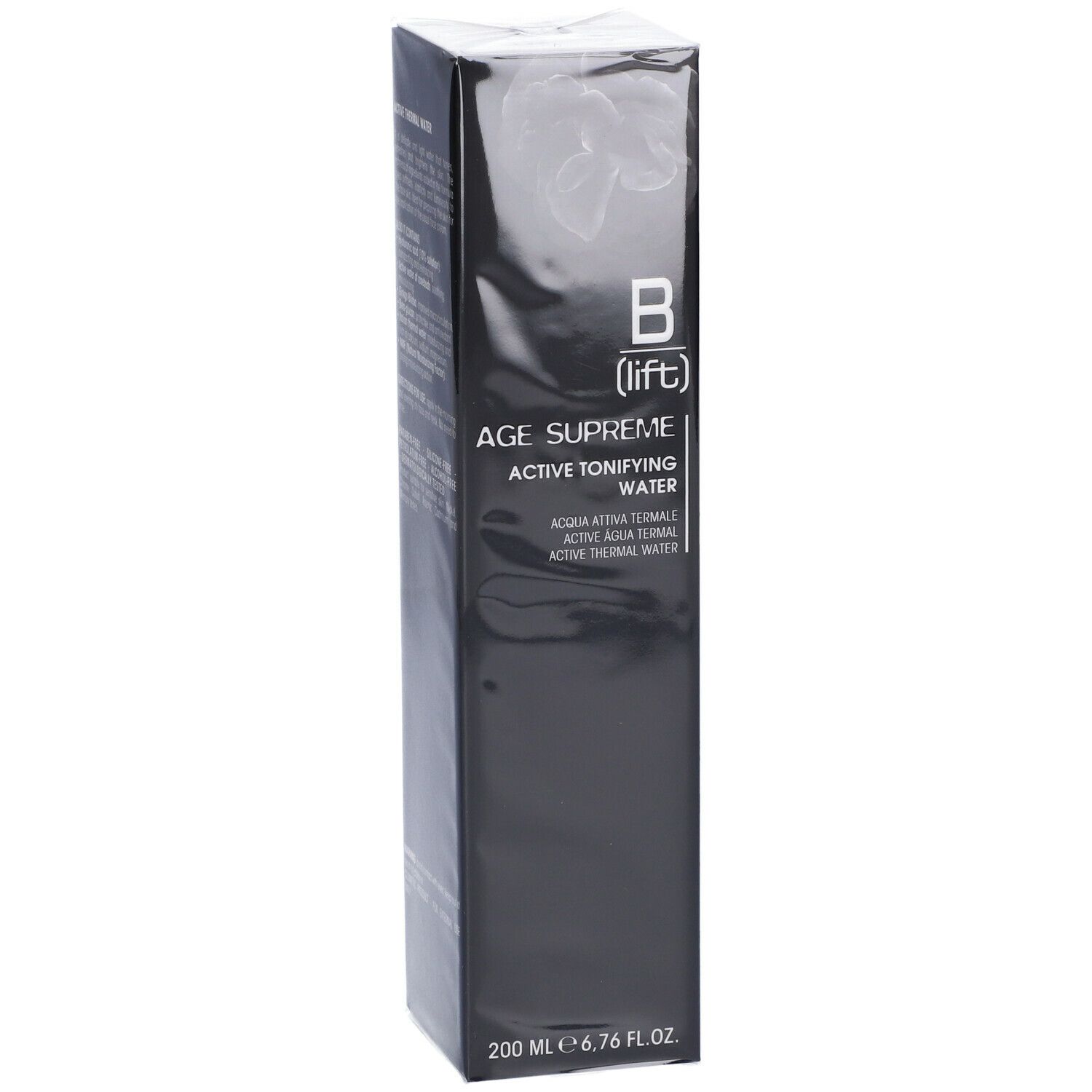 Confezione nera con nome e logo del prodotto. Scritta: Active Tonifying Water. In basso: 200 ml.