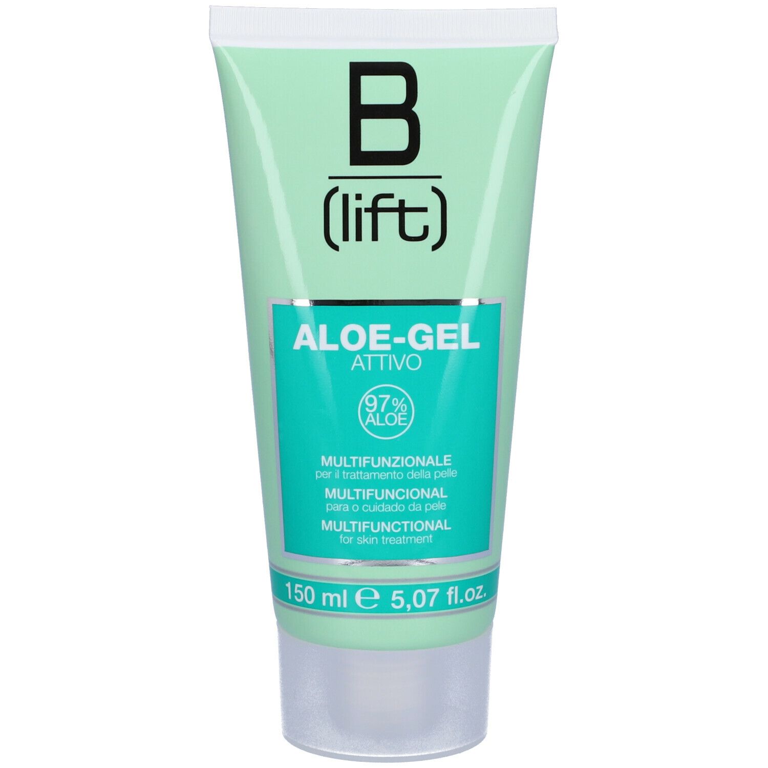Tubo verde con tappo bianco. Scritta: B (lift) e ALOE-GEL ATTIVO. Contiene 97% Aloe. Scritta multilingue. 150 ml.