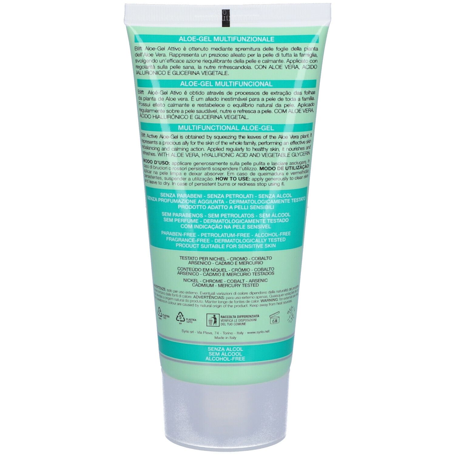 Retro di un tubo verde. Testo multilingue. Contiene Aloe Vera, acido ialuronico e glicerina vegetale. Senza parabeni.