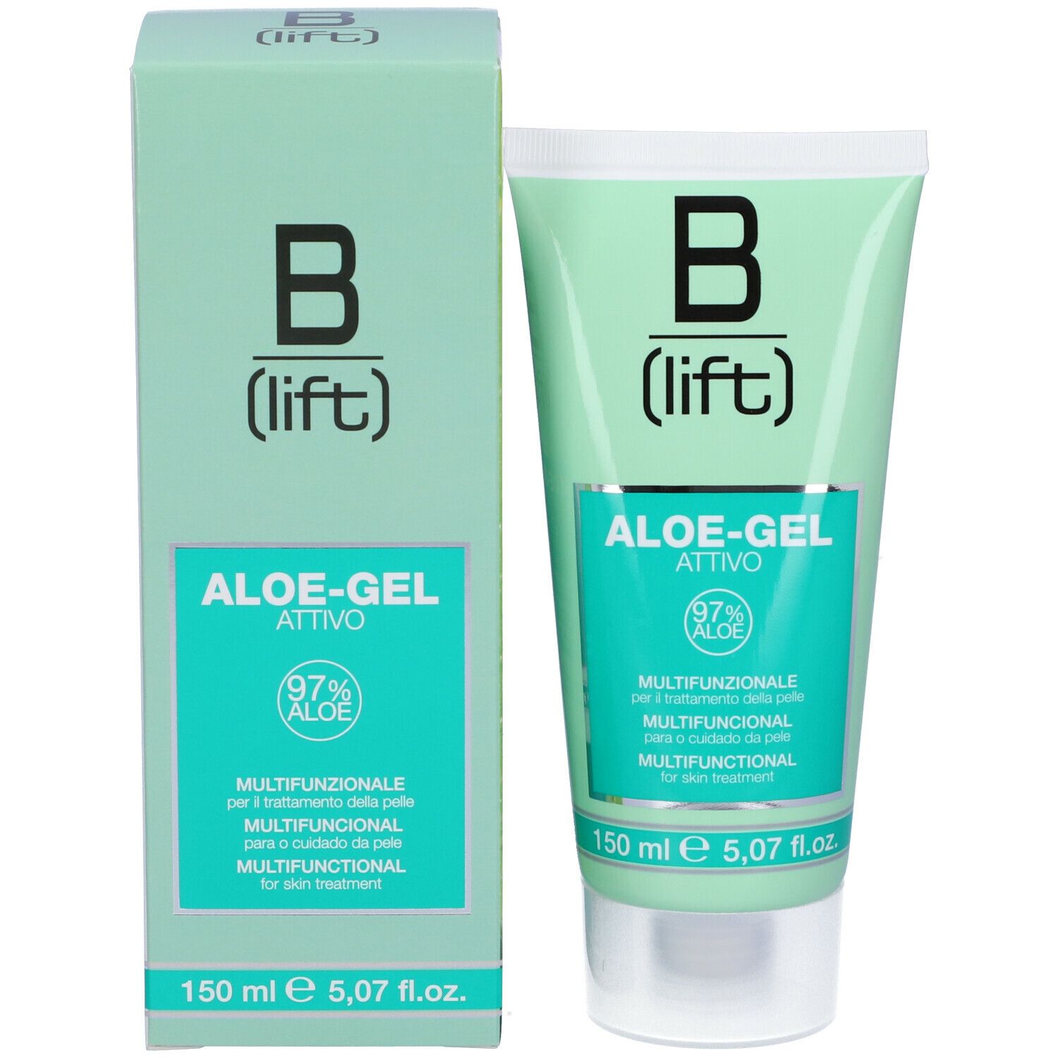 Confezione del prodotto con tubo e scatola. Scatola e tubo verdi. Scritta: B (lift) e ALOE-GEL ATTIVO. Contiene 97% Aloe. 150 ml.