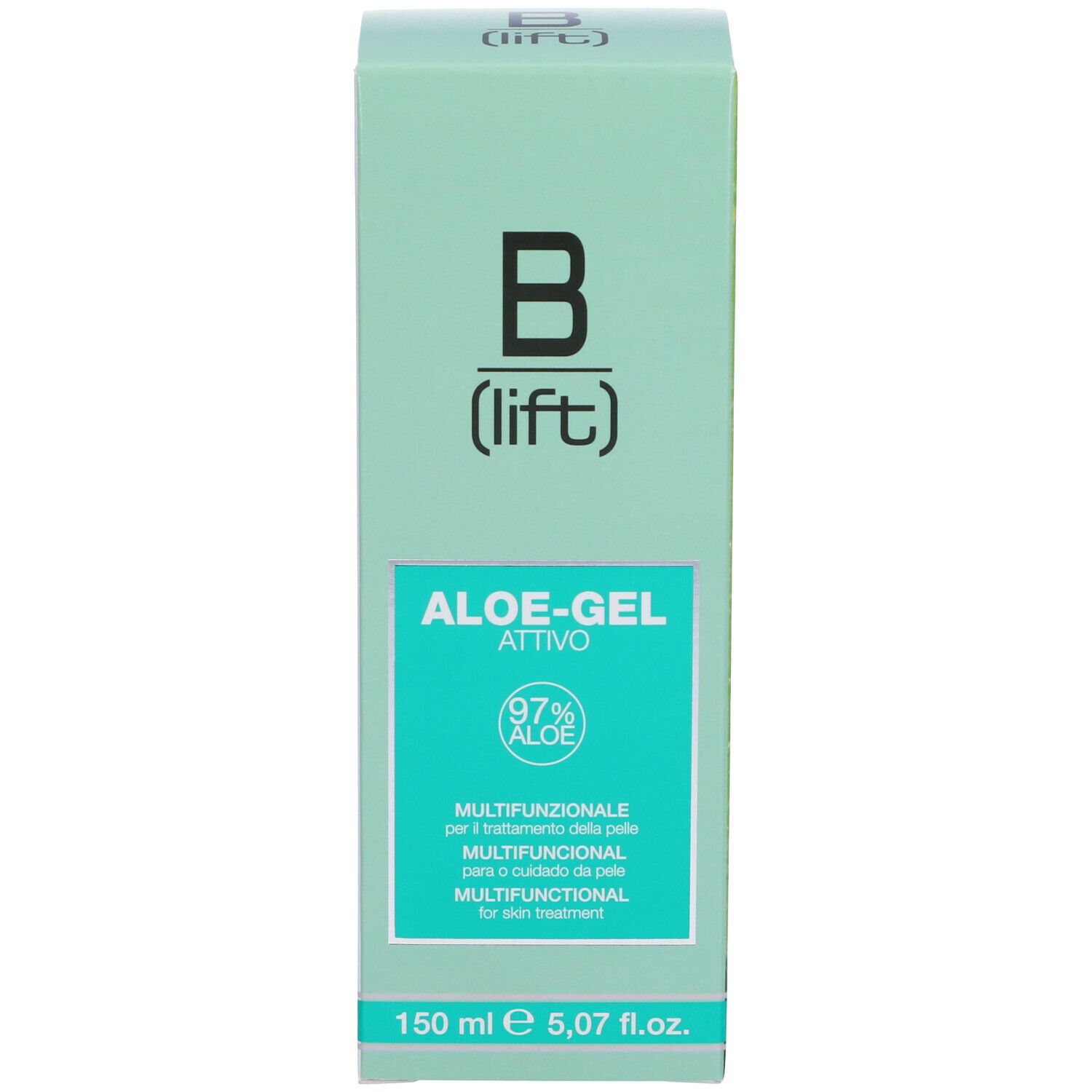 Confezione del prodotto verde. Scritta: B (lift) e ALOE-GEL ATTIVO. Contiene 97% Aloe. Scritta multilingue. 150 ml.
