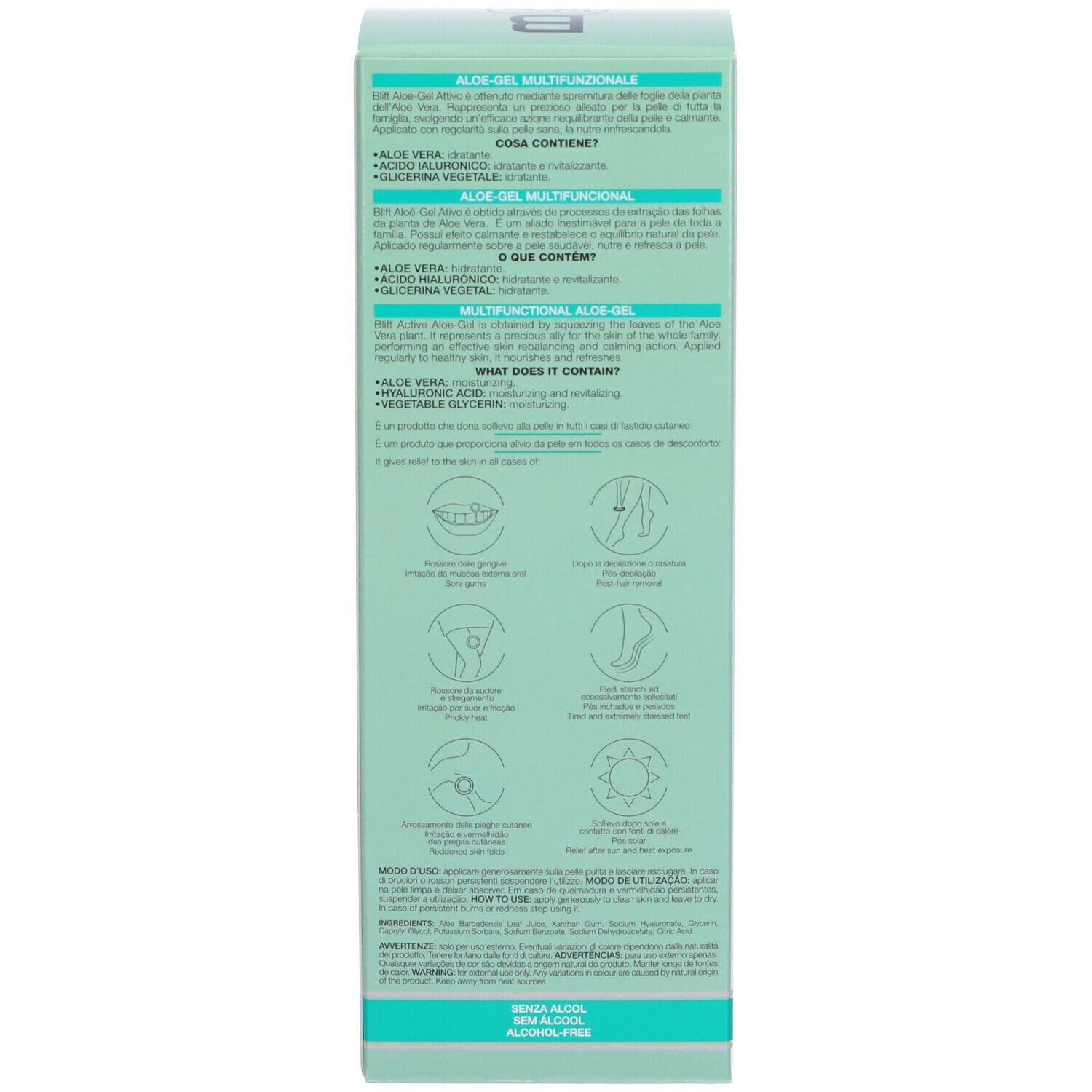 Retro della confezione del prodotto. Testo multilingue. Contiene Aloe Vera, acido ialuronico e glicerina vegetale. Senza parabeni.