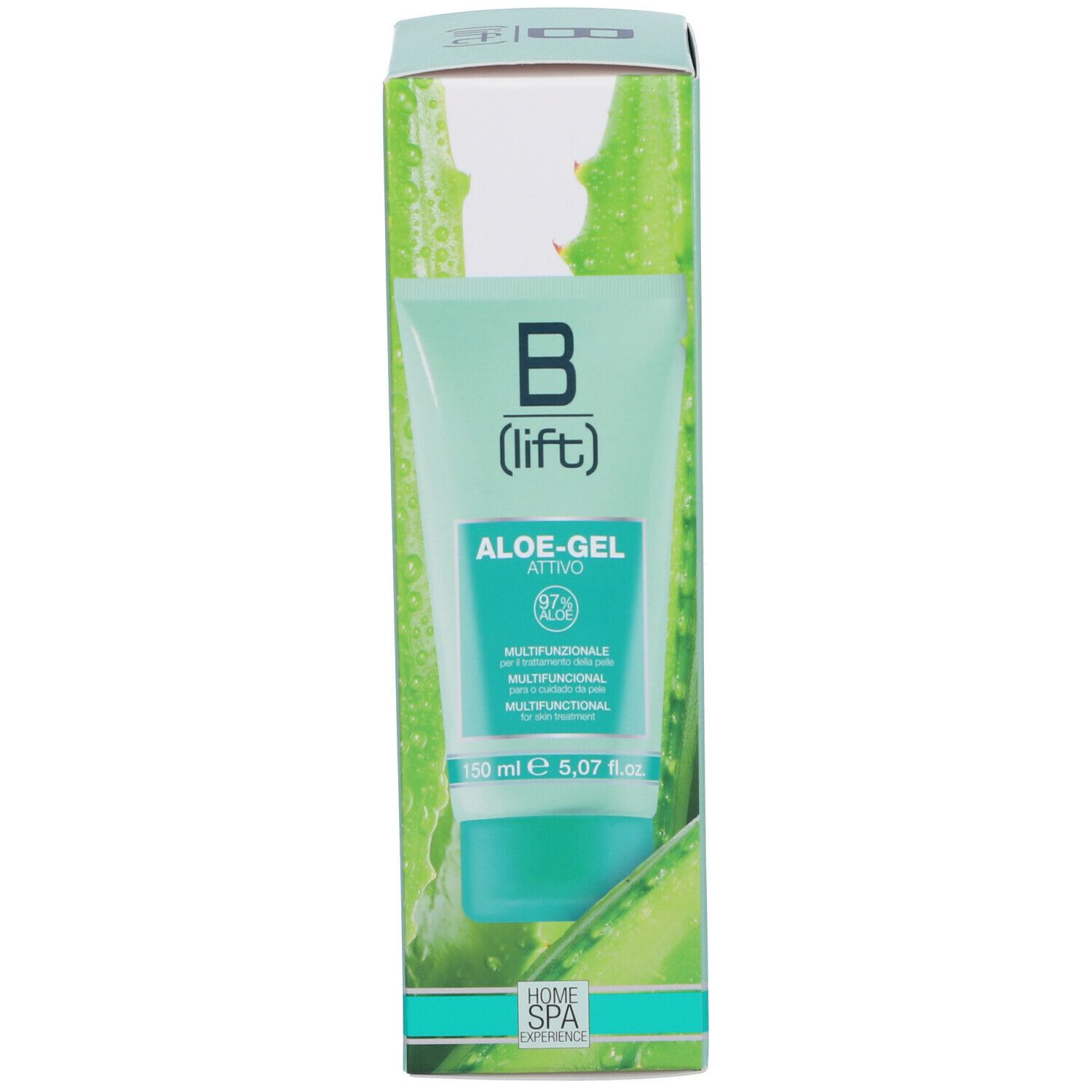 Confezione del prodotto con tubo e immagine di foglia di aloe. Scritta: B (lift) e ALOE-GEL ATTIVO. Contiene 97% Aloe. 150 ml.