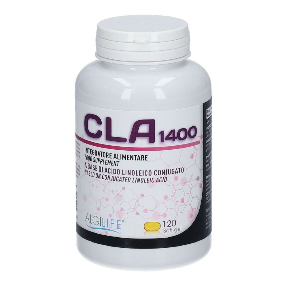 Flacone bianco di integratore alimentare CLA 1400. Contiene 120 softgel. Logo ALGILIFE®.