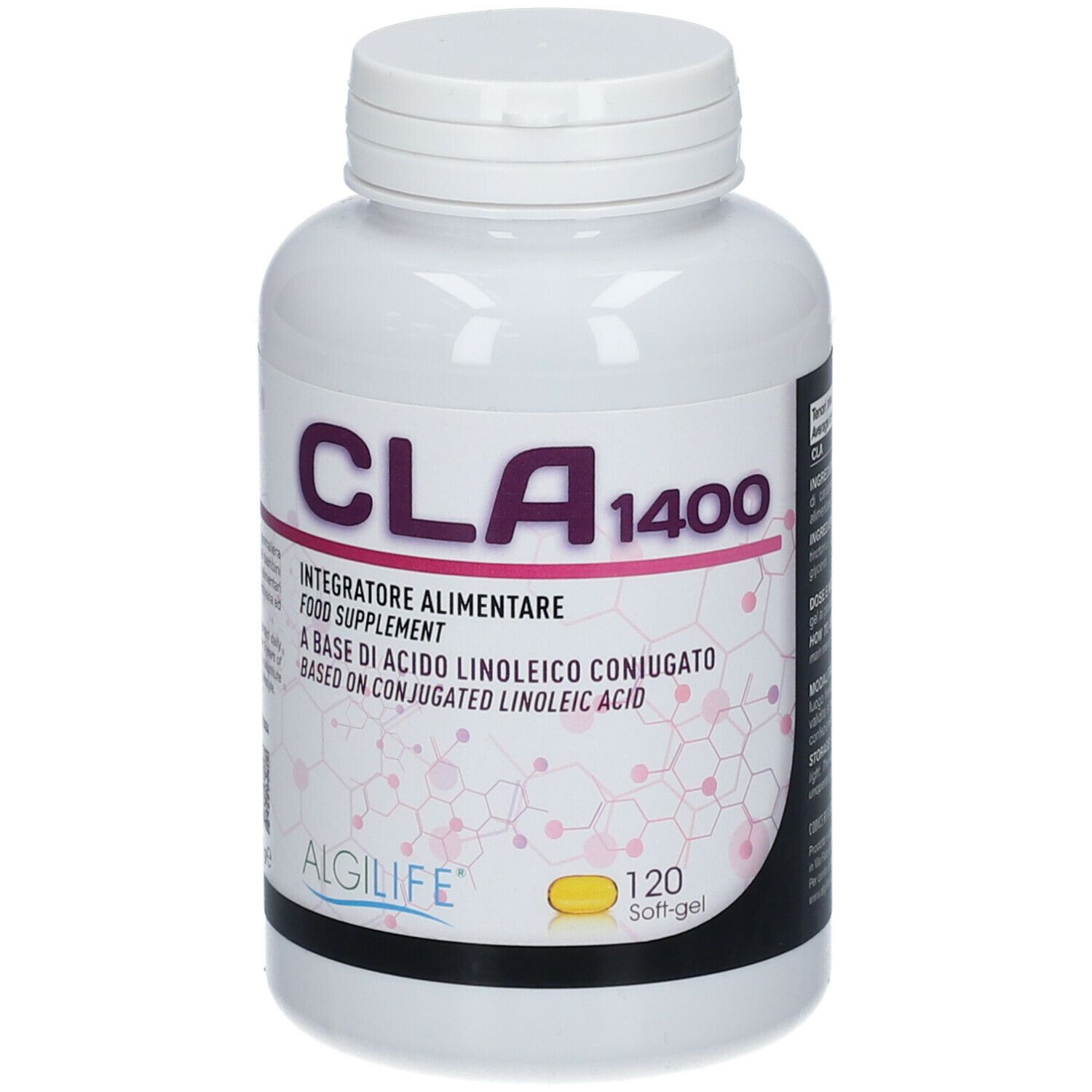Flacone bianco di integratore alimentare CLA 1400. Contiene 120 softgel. Logo ALGILIFE®.