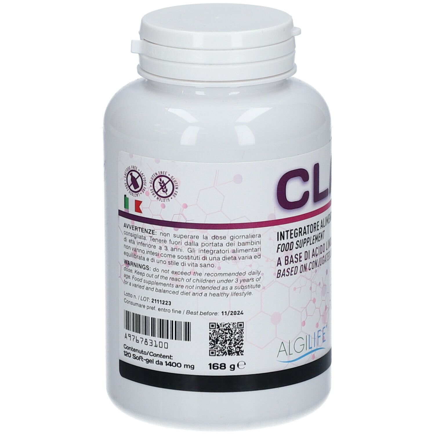 Retro flacone bianco CLA 1400. Avvertenze, codice QR e informazioni produttore. ALGILIFE®.