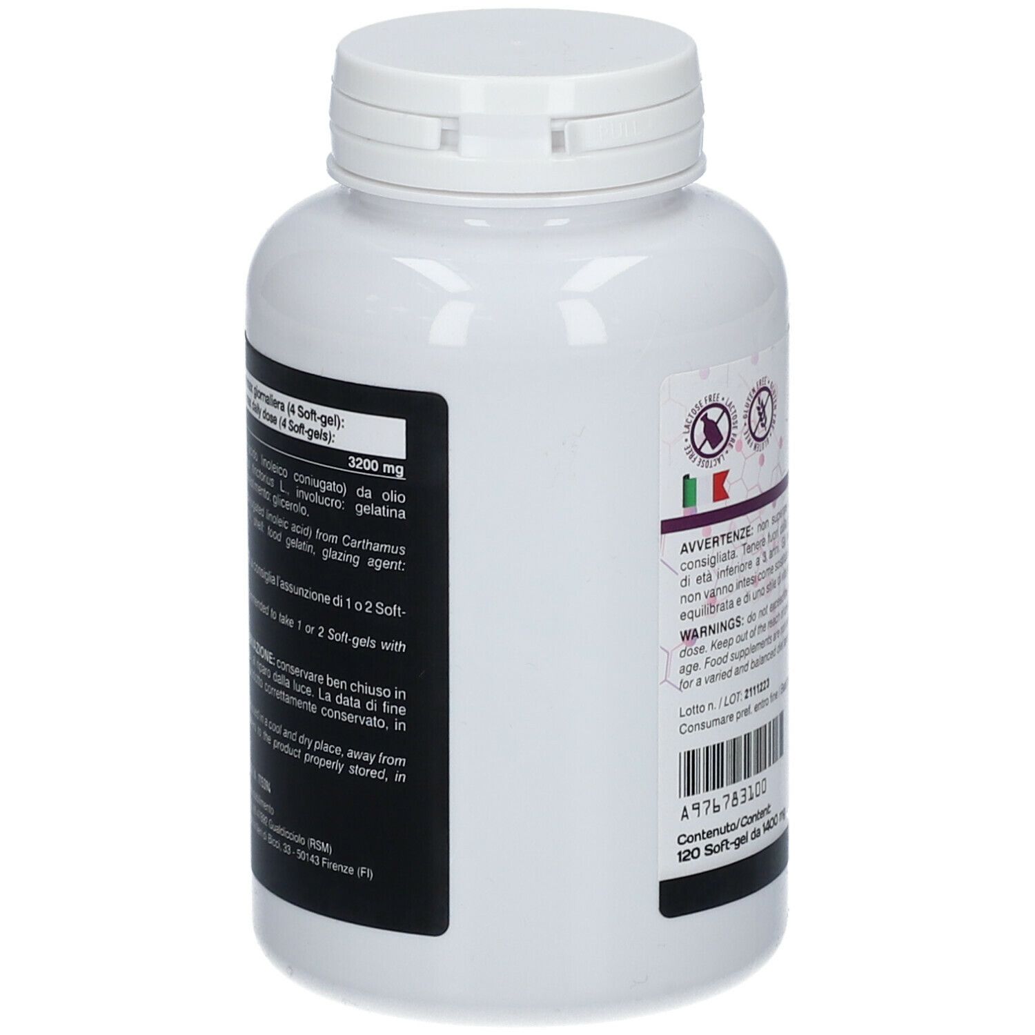 Retro flacone bianco CLA 1400. Ingredienti, dosaggio e consigli di conservazione. ALGILIFE®.