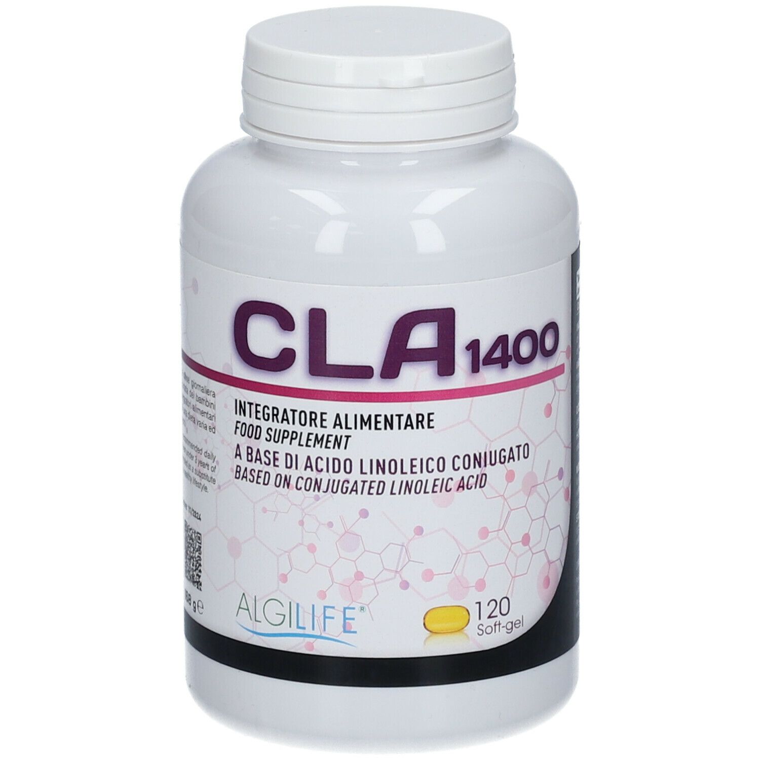 Flacone bianco di integratore alimentare CLA 1400. Contiene 120 softgel. Logo ALGILIFE®.