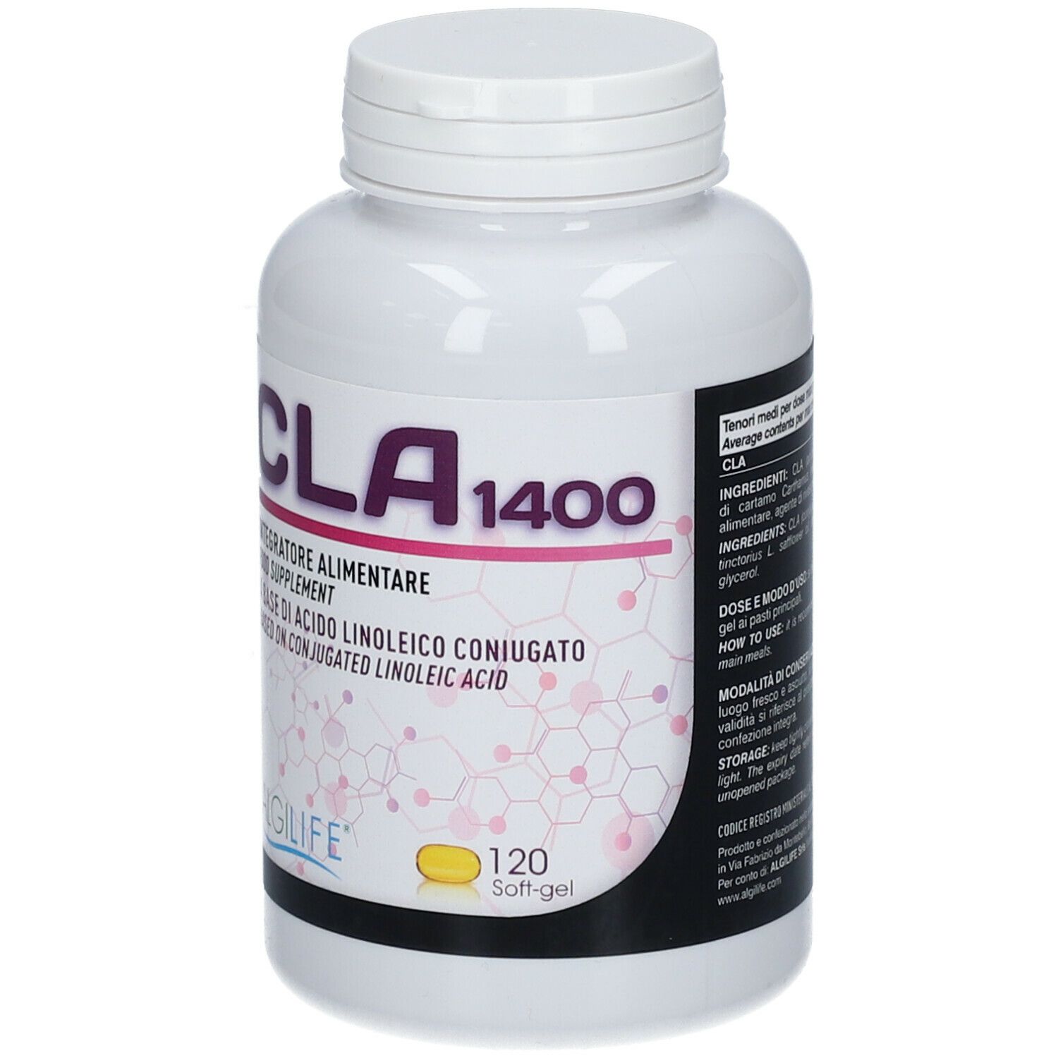 Flacone bianco di integratore alimentare CLA 1400. Contiene 120 softgel. Logo ALGILIFE®.