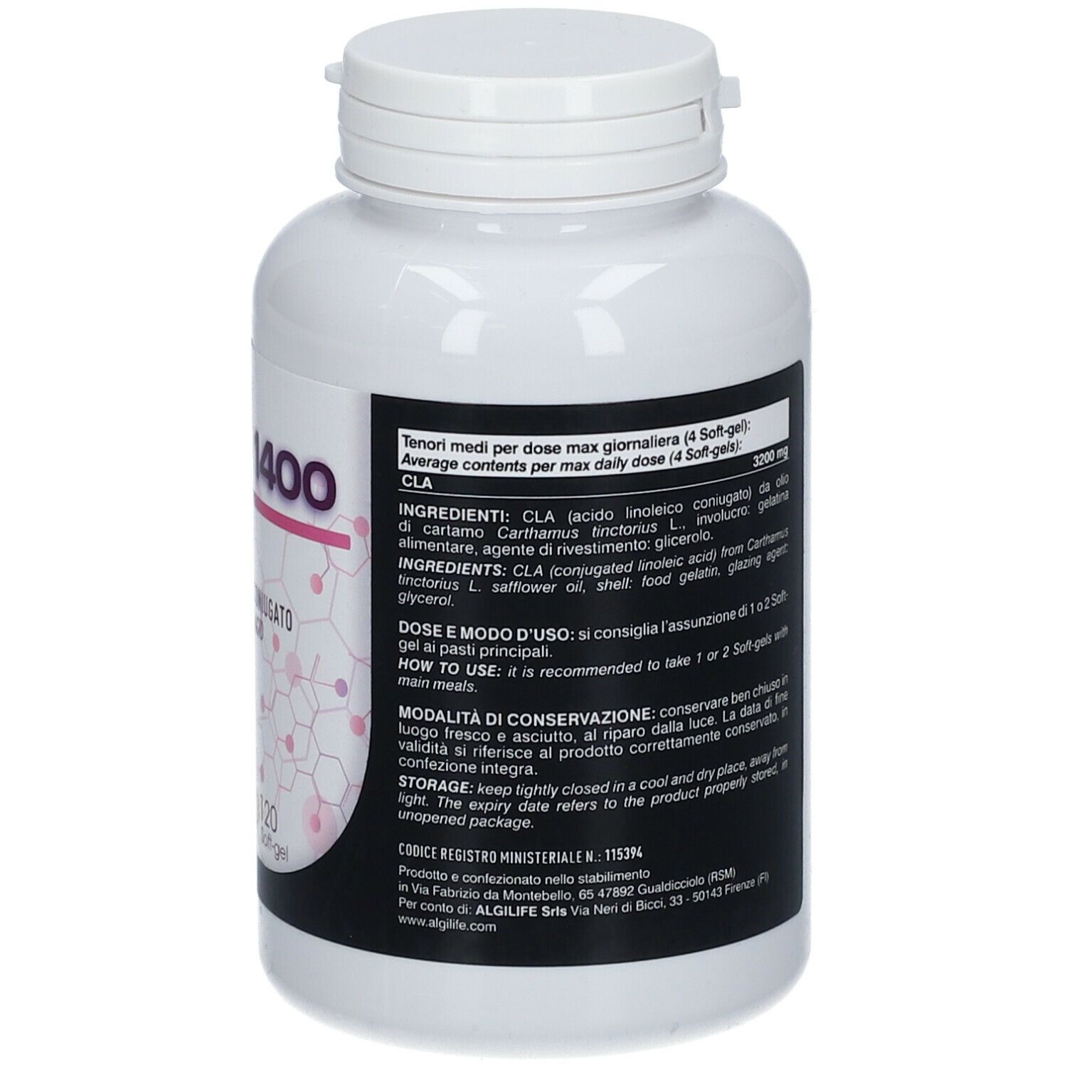 Retro flacone bianco CLA 1400. Ingredienti, dosaggio e consigli di conservazione. ALGILIFE®.