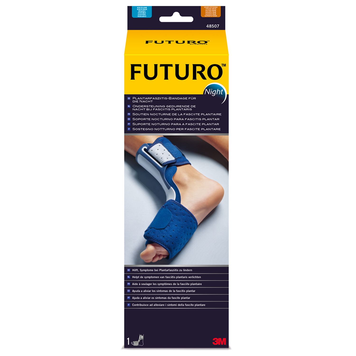 FUTURO™ Supporto notturno per fascite plantare. Supporto blu sul piede, in confezione. Marchio e logo visibili.