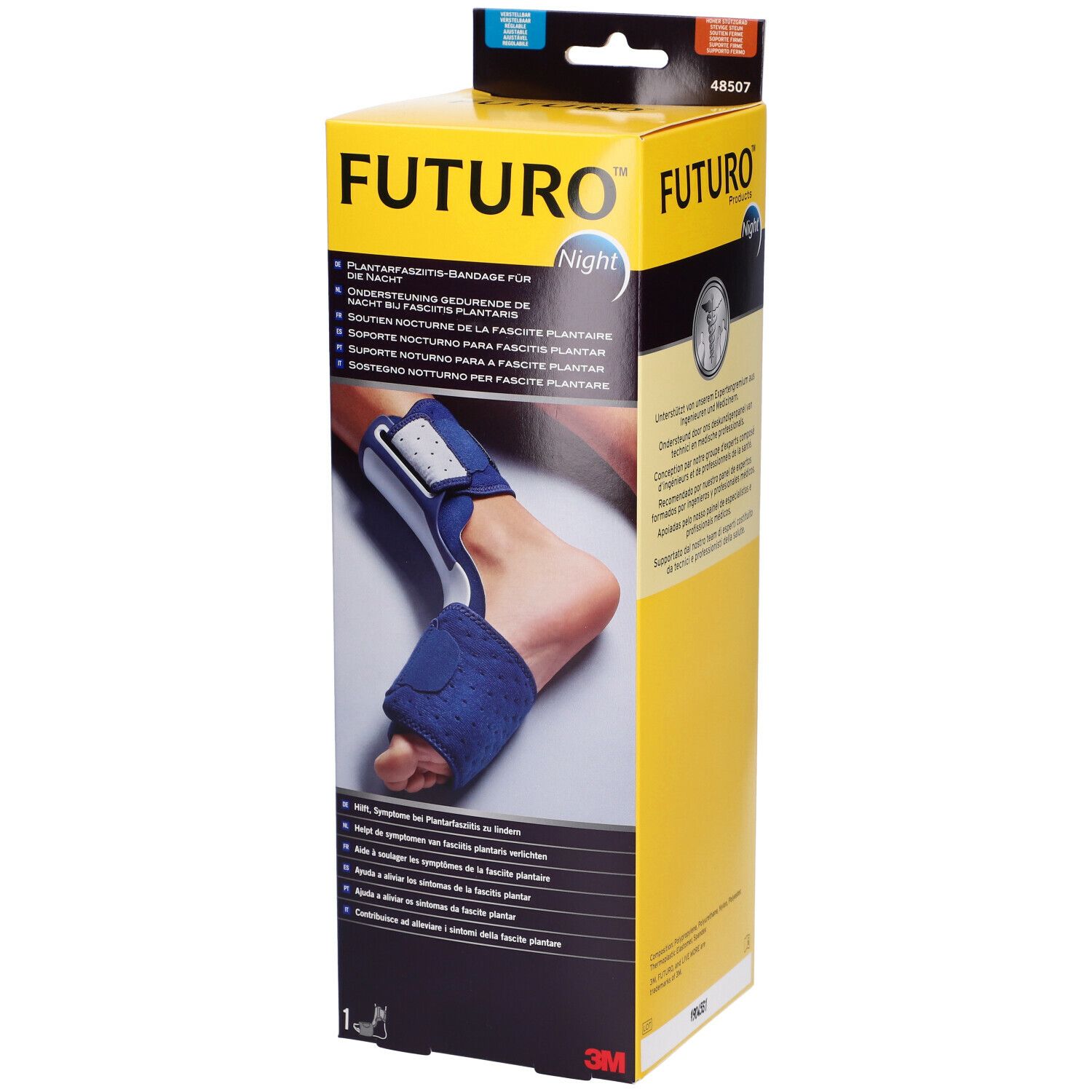 FUTURO™ Supporto notturno per fascite plantare, in confezione. Supporto blu sul piede. Marchio e logo visibili.