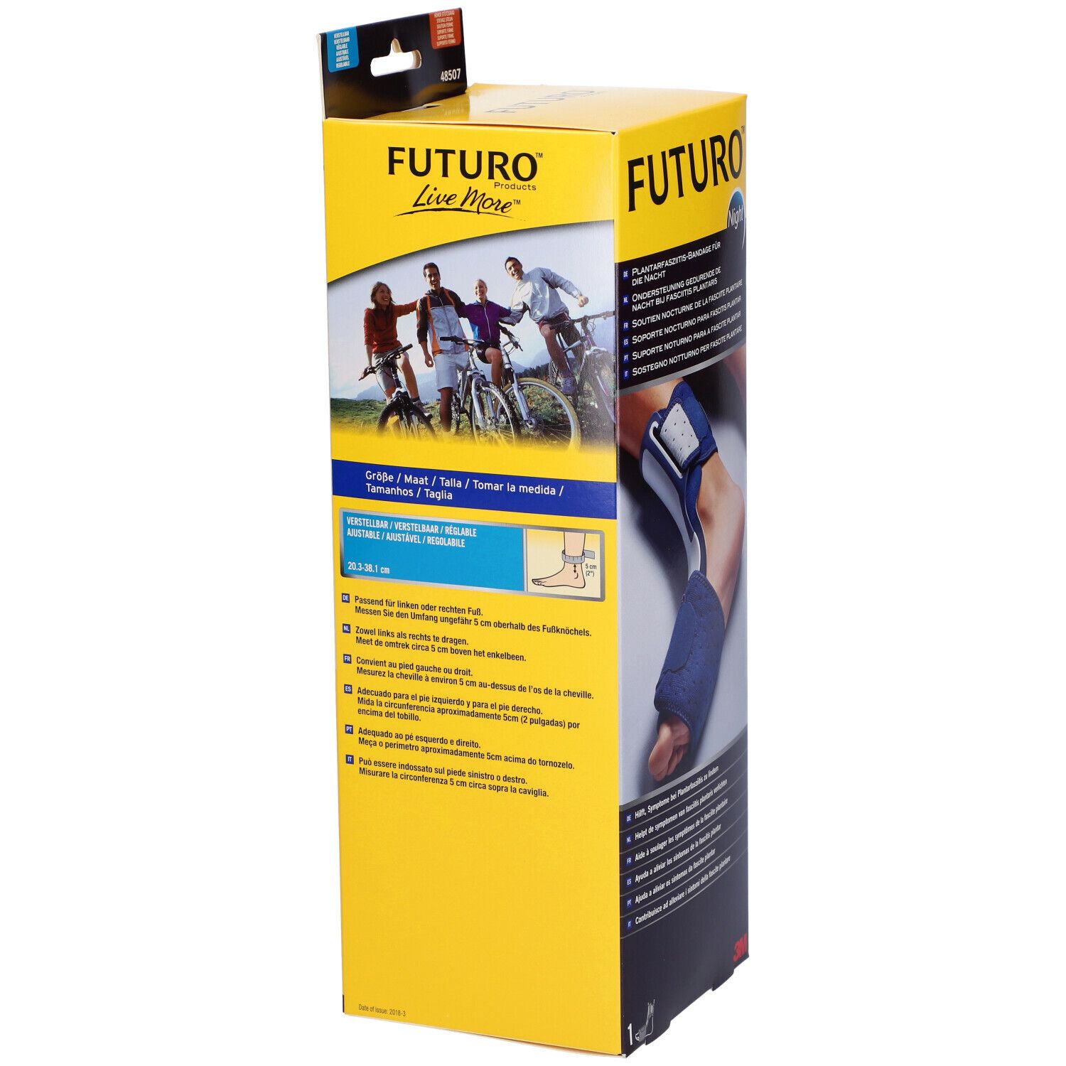 Confezione FUTURO™. Marchio e logo. Illustrazione del supporto su un piede. Sfondo giallo, testo multilingue.