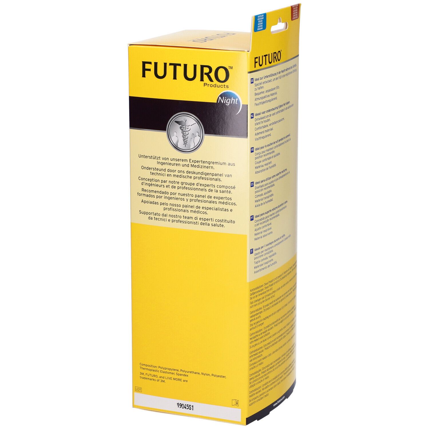 Confezione FUTURO™. Marchio e logo. Testo multilingue. Sfondo giallo.